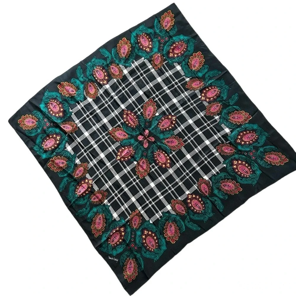 Diane Von Furstenberg 100% Silk Scarf Black Multicolor Paisley Plaid Luxury